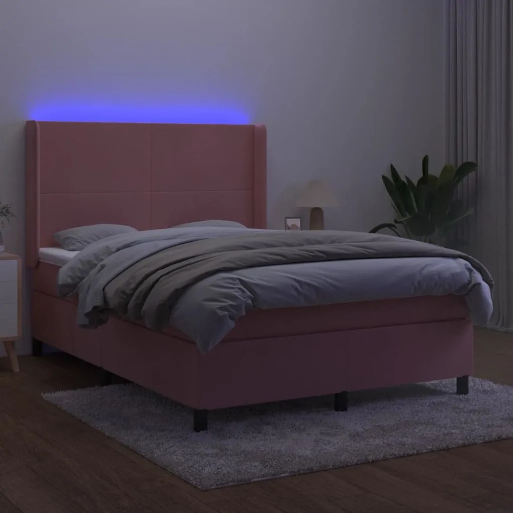 Cama box spring c/ colchão/LED 140x200 cm veludo rosa