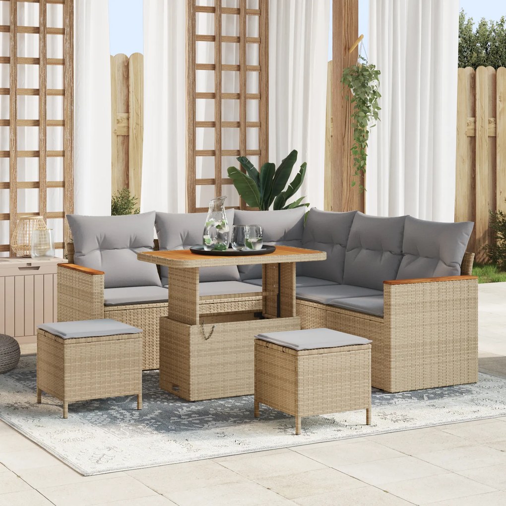 Conjunto de Sofá de Jardim vidaXL de 8 Peças com Almofadas Bege Polirattan Acácia