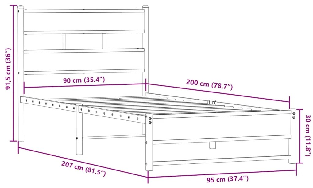 Estrutura de cama sem colchão 90x200 cm metal carvalho sonoma