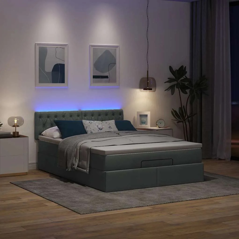 Cama otomana com colchão &amp; LEDs 140x200 cm cinzento escuro