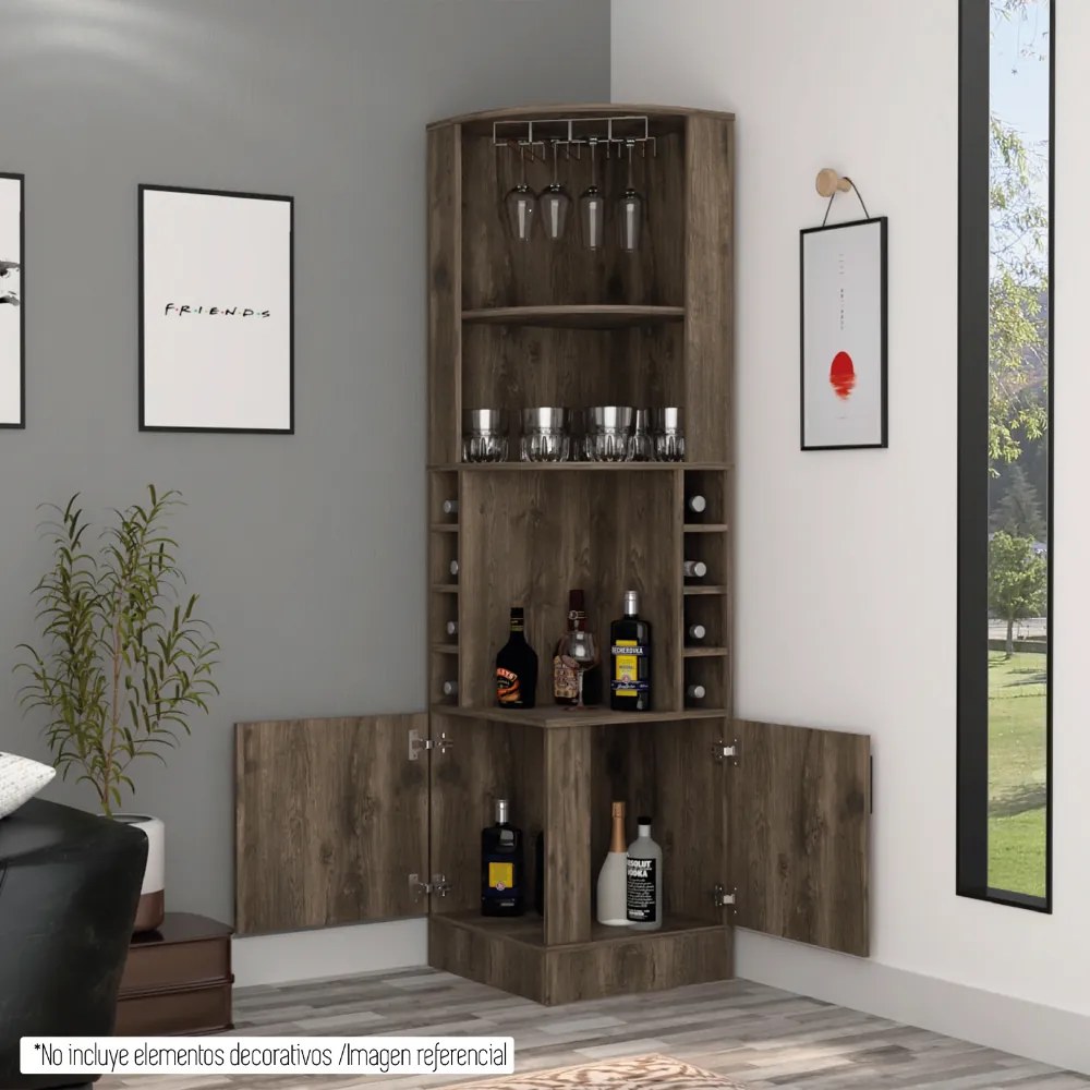 Móvel de bar garrafeira de Canto Andorra com suporte de Copos, a 180,6 cm a x 46,9 cm e x 46,9 cm p, cor noz