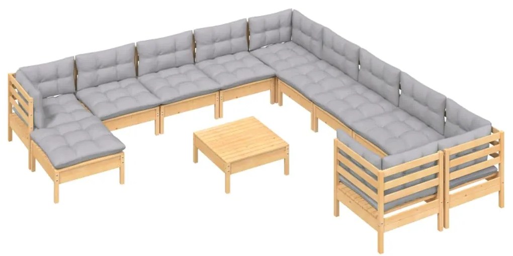 12 pcs conjunto lounge de jardim c/ almofadões cinza pinho