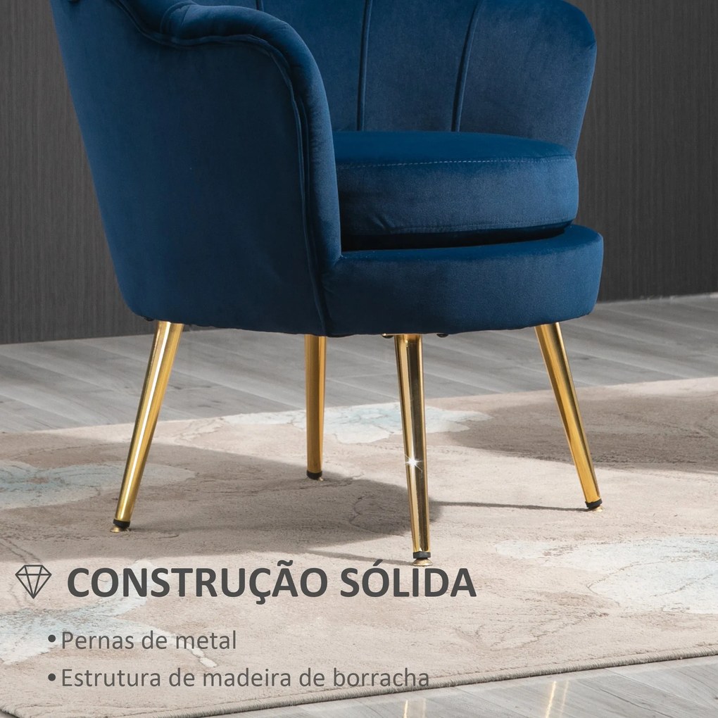 Poltrona "Lisboa" – 76x67x74 cm – Azul e Dourado – Veludo – Design Vin