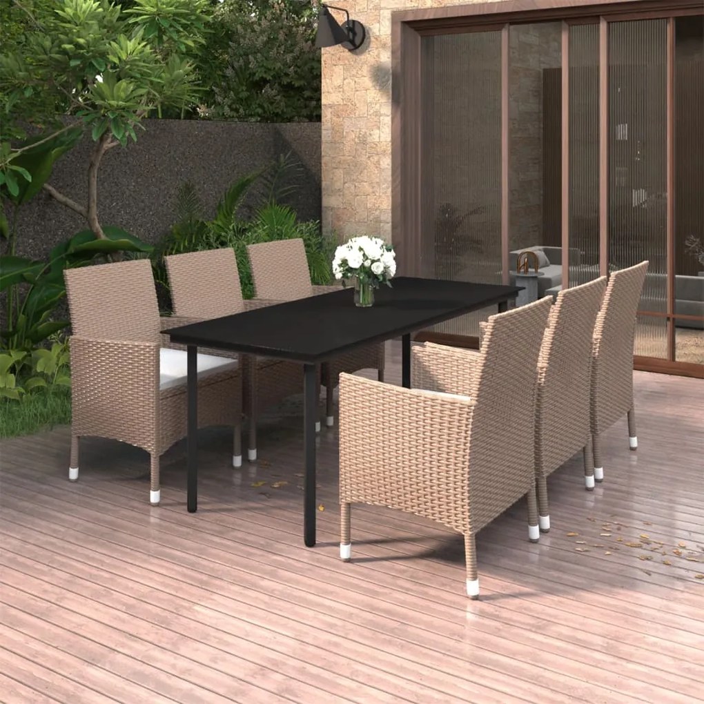 vidaXL 7 pcs conjunto de jantar p/ jardim c/ almofadões vime PE/vidro