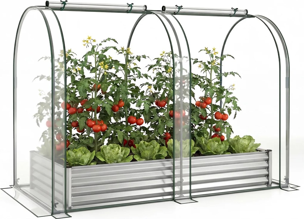 Estufa urbana 180 x 90 x 30 cm com estufa de PVC transparente, floreira de metal galvanizado, 2 janelas enroláveis, floreira coberta , prateado
