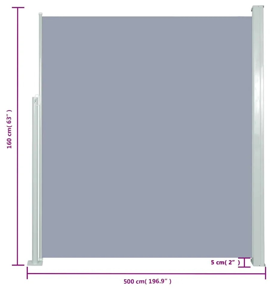 Toldo lateral retrátil 160 x 500 cm cinzento