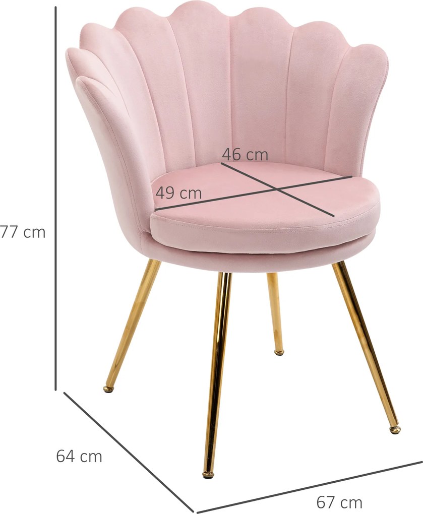 Cadeira de toucador ou sala jantarem forma de concha em veludo com pés em metal dourado 67 x 64  x 77  cm, rosa pálido