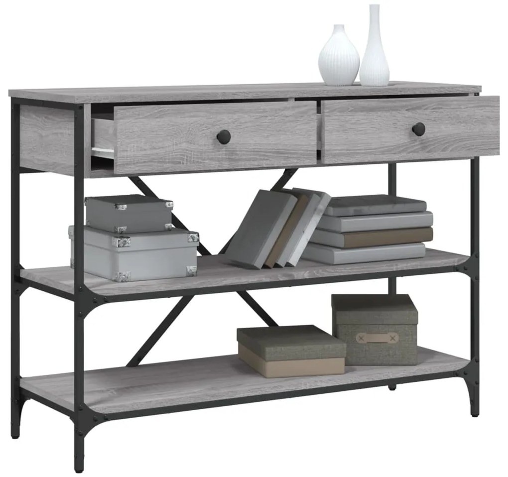 Mesa consola gavetas/prateleiras deriv. madeira cinzento sonoma