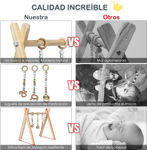 Ginásio para bebés com brinquedos para a dentição Desenvolvimento cerebral dobrável em madeira para crianças +3 meses 66 x 40 x 60 cm Natural