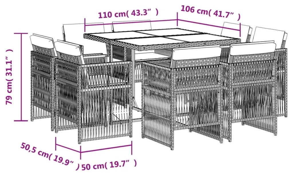 9 pcs conjunto de jantar p/ jardim c/ almofadões vime PE preto