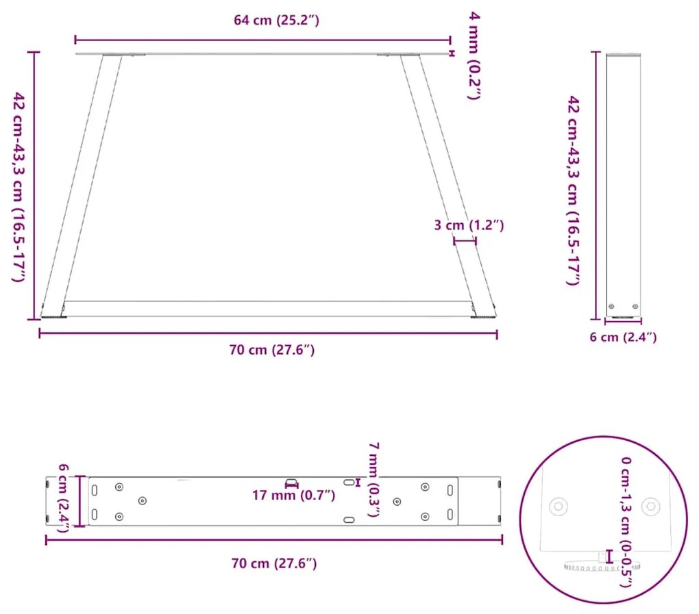 Mesa de jantar pernas 2 pcs forma V 70x(42-43,3) cm aço natural