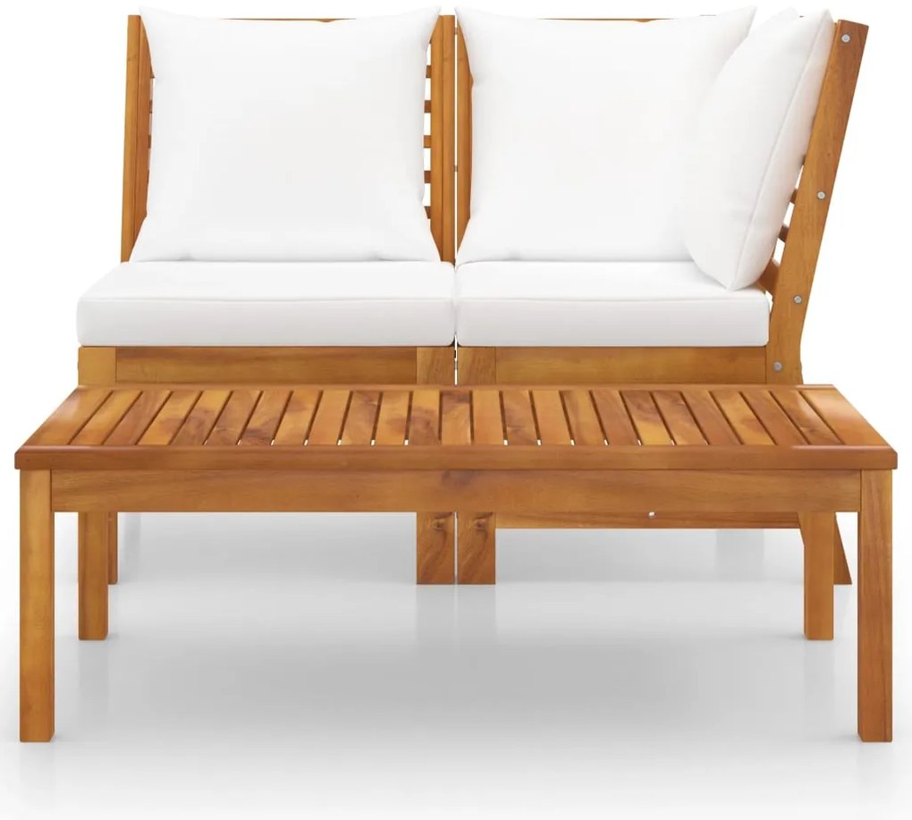 3 pcs conjunto lounge jardim c/ almofadões cor creme acácia