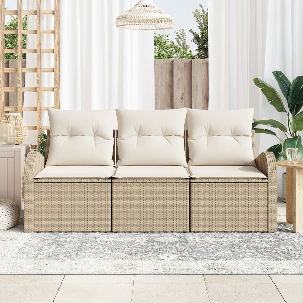 Conjunto de Sofá de Jardim de 3 Peças com Almofadas Bege Polirattan