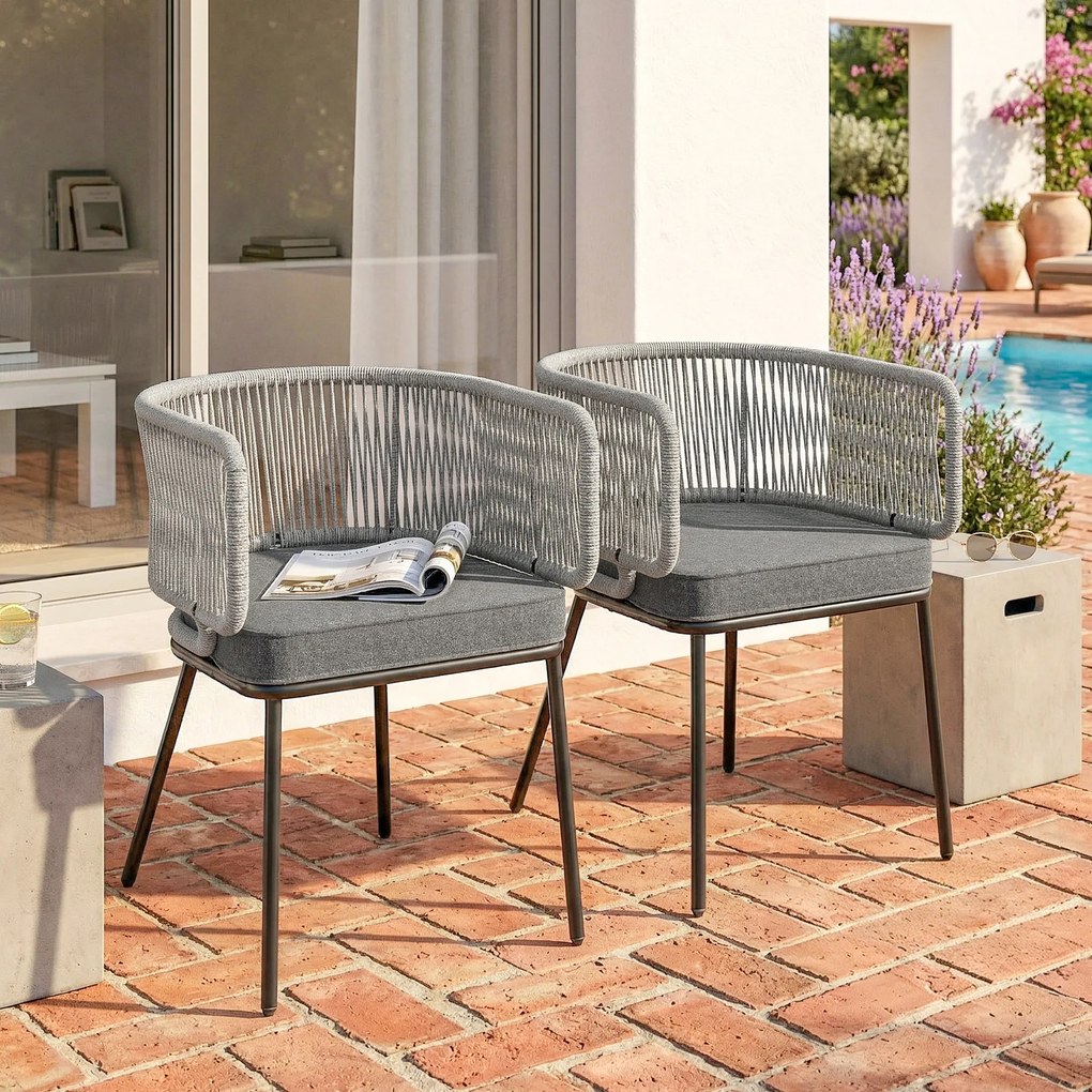 Conjunto de 2 cadeirões de jardim, encosto e braços em corda de resina trançada, almofadas removíveis, 46 x 58 x 72 cm, cinzento claro