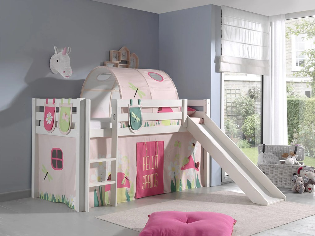 Conjunto Cama alta de Criança PINO 90 x 200 cm + estrado + escada + escorrega + cortina + 3 bolsas + túnel Primavera branca