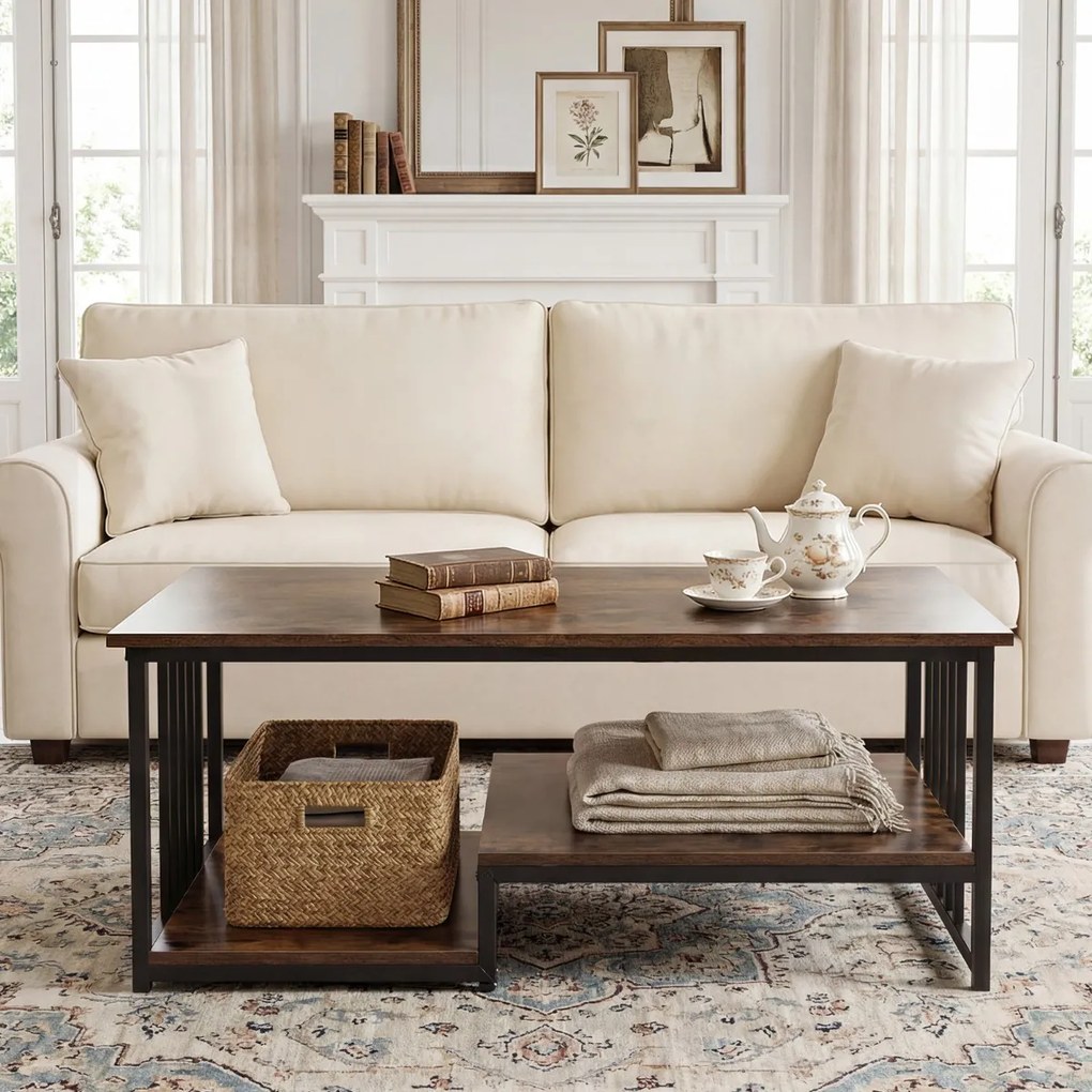 Mesa de centro retangular 110 x 60 x 45 cm com 2 prateleiras de arrumação, Estrutura metálica resistente, mesa moderna para sala de estar em castanho
