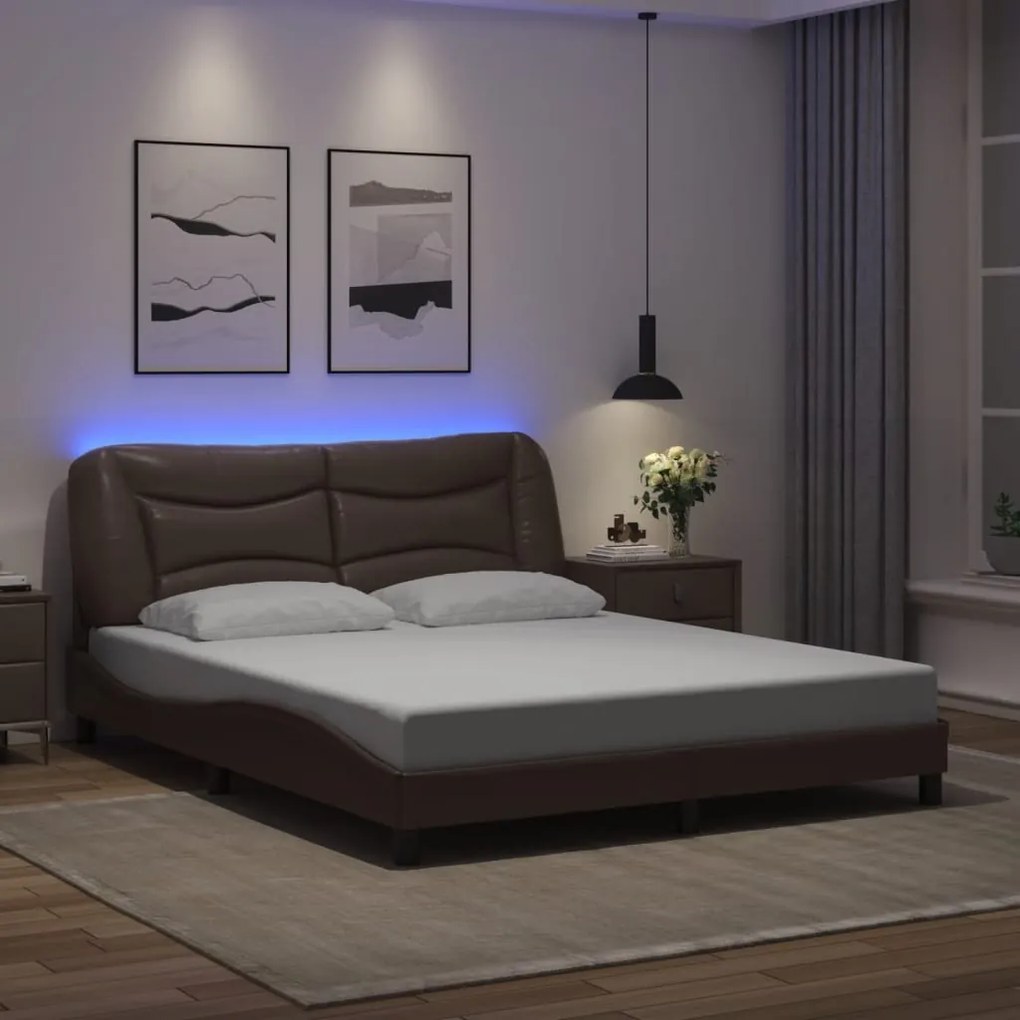 Estrutura cama c/ luzes LED 160x200cm couro artificial castanho