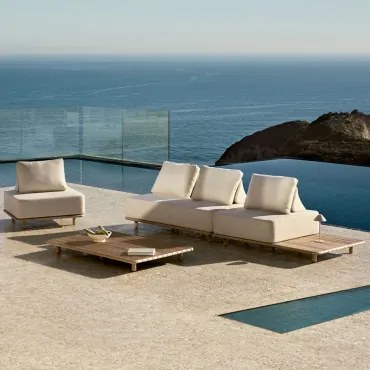 Conjunto De Jardim Com Sofá Modular De 2 Peças Com Mesa Auxiliar, Poltrona E Mesa De Centro 160x95 Cm Em Acácia Portet Marrom Acácia Claro - Sklum