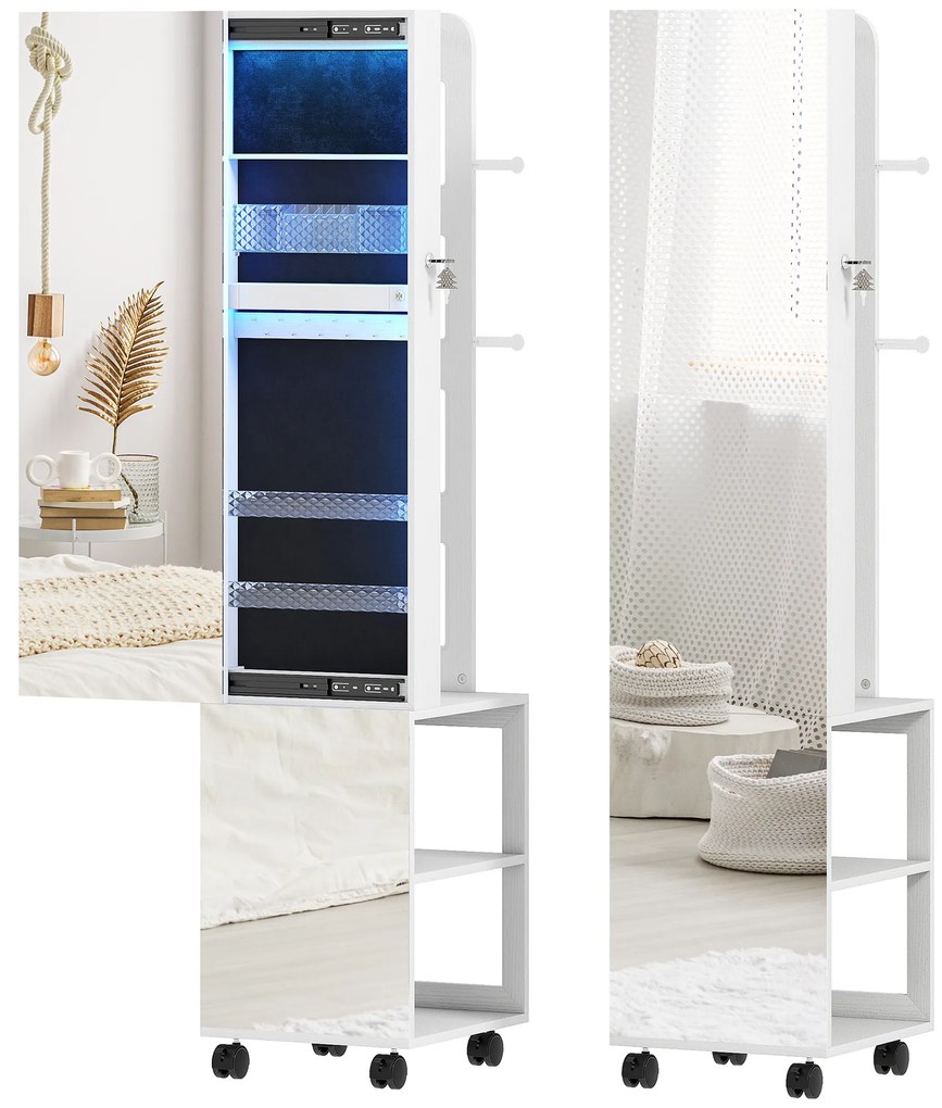 HOMCOM Armário de joias com espelho de pé giratório 360°, iluminação LED 37x40x165,5cm estrutura branca, forro preto | Aosom Portugal