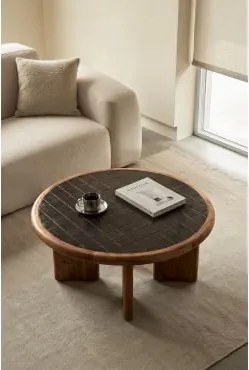 Mesa De Centro Redonda Ø80 Cm Em Azulejos E Madeira De Acácia Aitana Castanho Chocolate - Castanho Acácia - Sklum