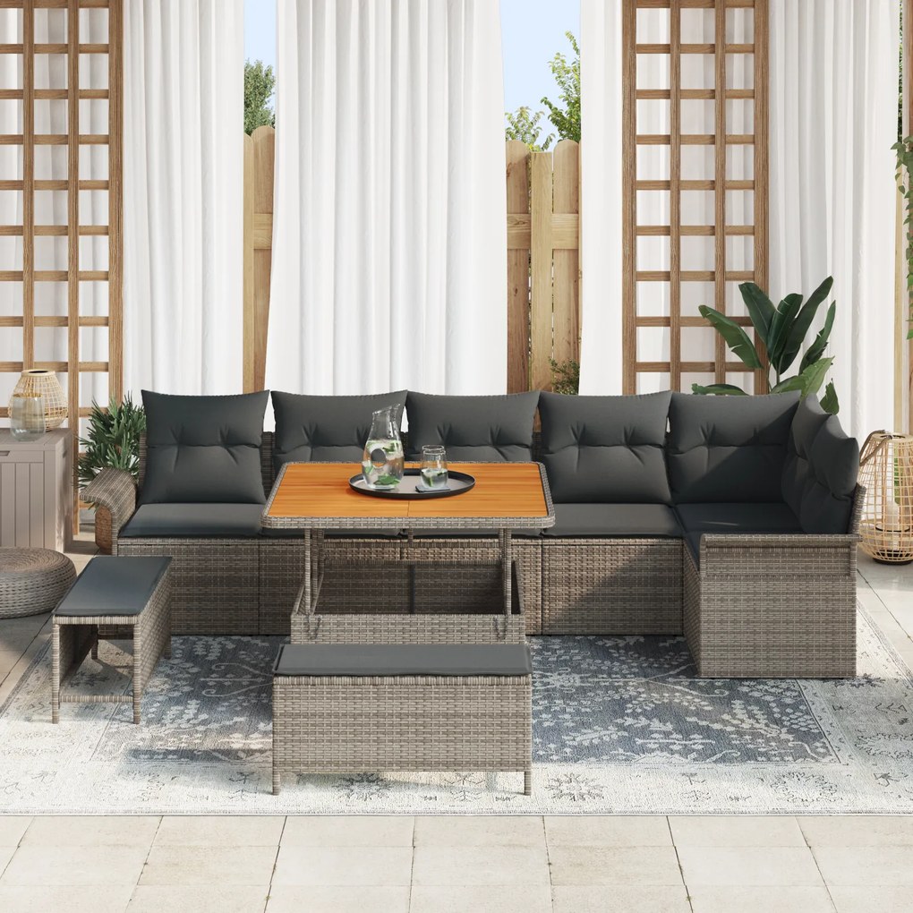 Conjunto de Sofá de Jardim com 9 Peças com Almofadas Cinzas Rattan Pol