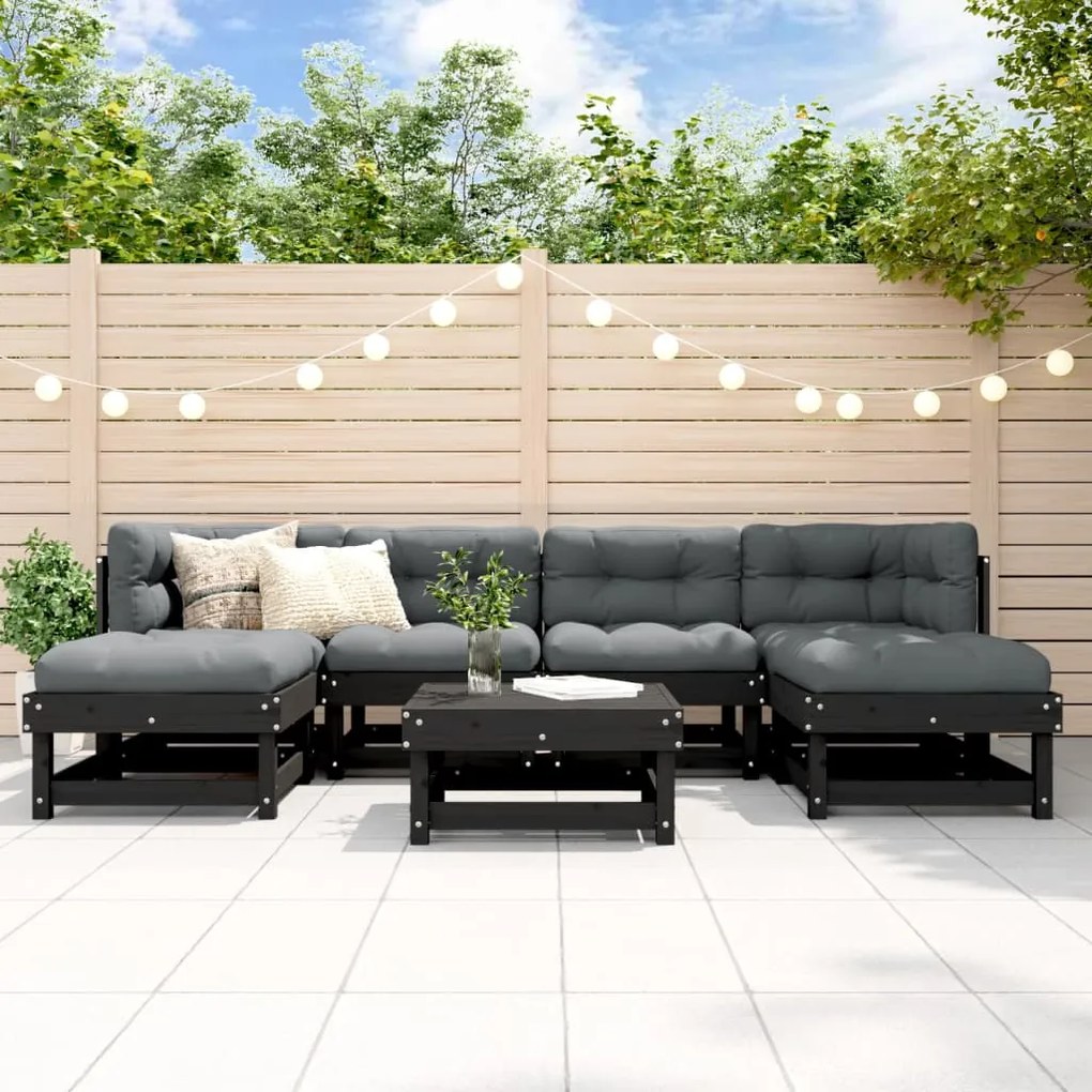 vidaXL 7 pcs conjunto lounge jardim c/ almofadões madeira maciça preto
