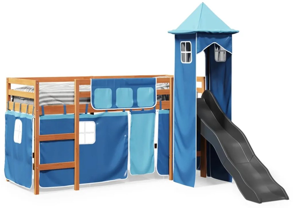 Cama alta para criança com torre 90x200 cm pinho maciço azul