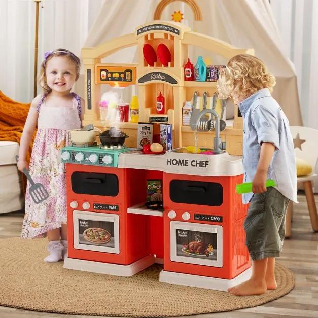 Cozinha de Brincar de 69 peças para crianças com mais de 3 anos, com efeitos de vapor e água a ferver, lava-loiças e utensílios de cozinha Laranja