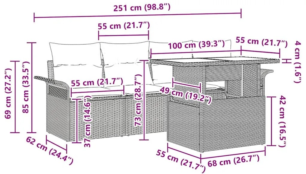 Conjunto de Sofá de Jardim de 5 Peças com Almofadas de Rattan em Polié