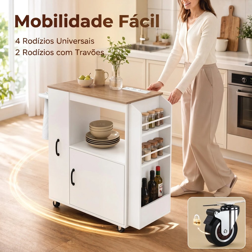 Carrinho de Cozinha com Rodas Estação de Carregamento Armário Organizador Extraível Porta-Especiarias e Barra para Panos 80x40x88 cm Branco