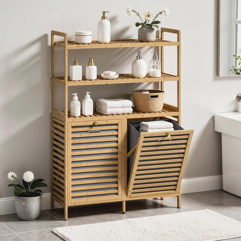 Móvel de casa de banho 80 L x 30 P x 118 A cm com cesto de roupa suja em bambu, com 2 cestos amovíveis e prateleiras de 3 níveis, em cor carvalho