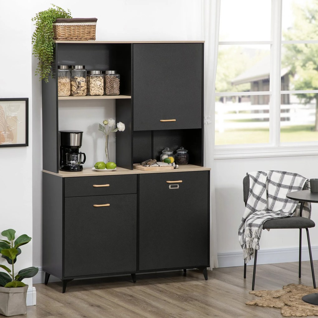 Armário de Cozinha com 1 Gaveta 3 Portas e Armazenamento Aberto Estilo Moderno 119x41x180cm Preto