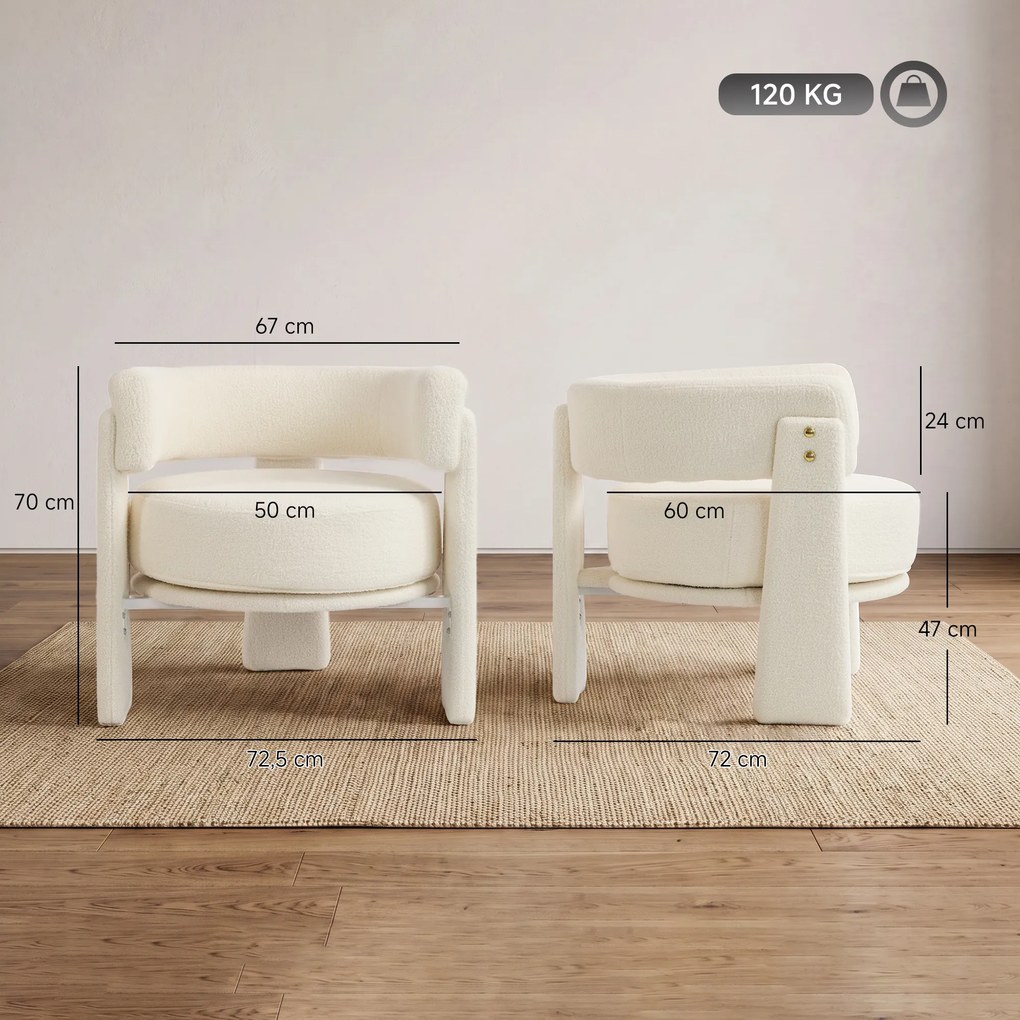 Poltrona em Tecido Bouclé com Almofada Lombar Assento Profundo Acolchoado e Braços Branco-Creme