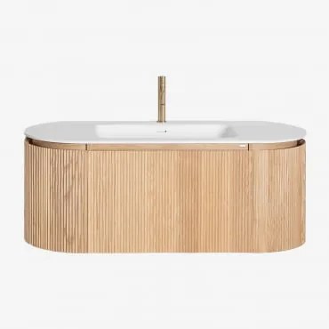 Conjunto De Móvel De Casa De Banho Suspenso Em Madeira Com Lavatório Integrado Carsone Madeira Natural & Sem Unidade Auxiliar & Sem Espelho & Dourado