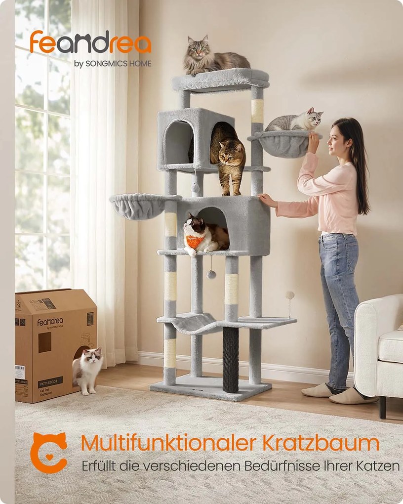 Arranhador para gatos com 190,7 cm de altura, 2 cavernas e 2 cavidades para descansar Cinzento