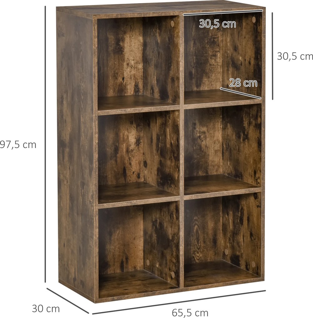 Estante de 3 Níveis Prateleira para Livros com 6 Cubos de Arrumação para Escritório 65,5x30x97,5 cm Castanho Rústico