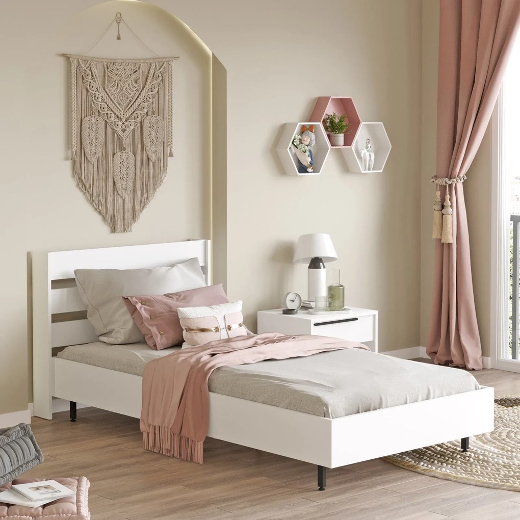 Estrutura de Cama "Ocean" com Cabeceira – Branco - 100x200 cm - Design