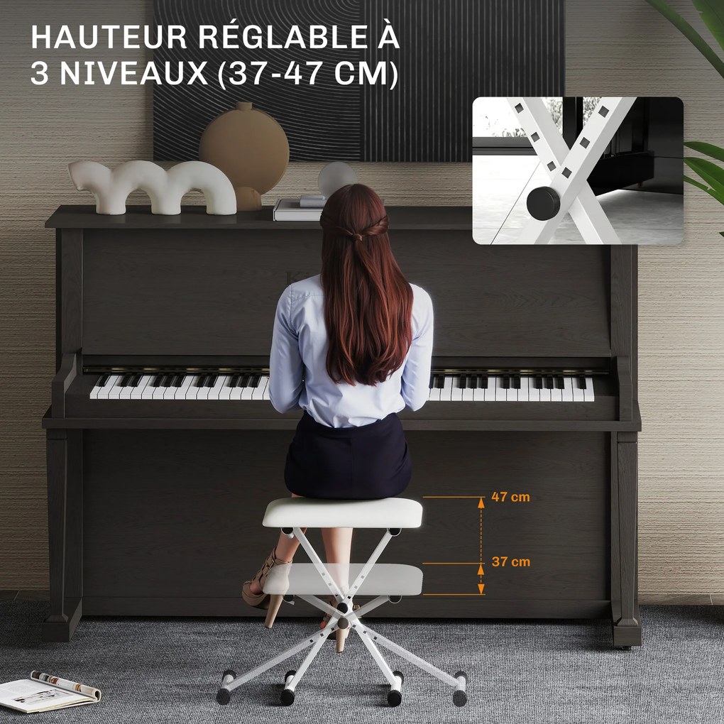 Banco de piano dobrável, banco de piano com altura ajustável, assento estofado em PU, 39 x 29 x 37-47 cm, branco