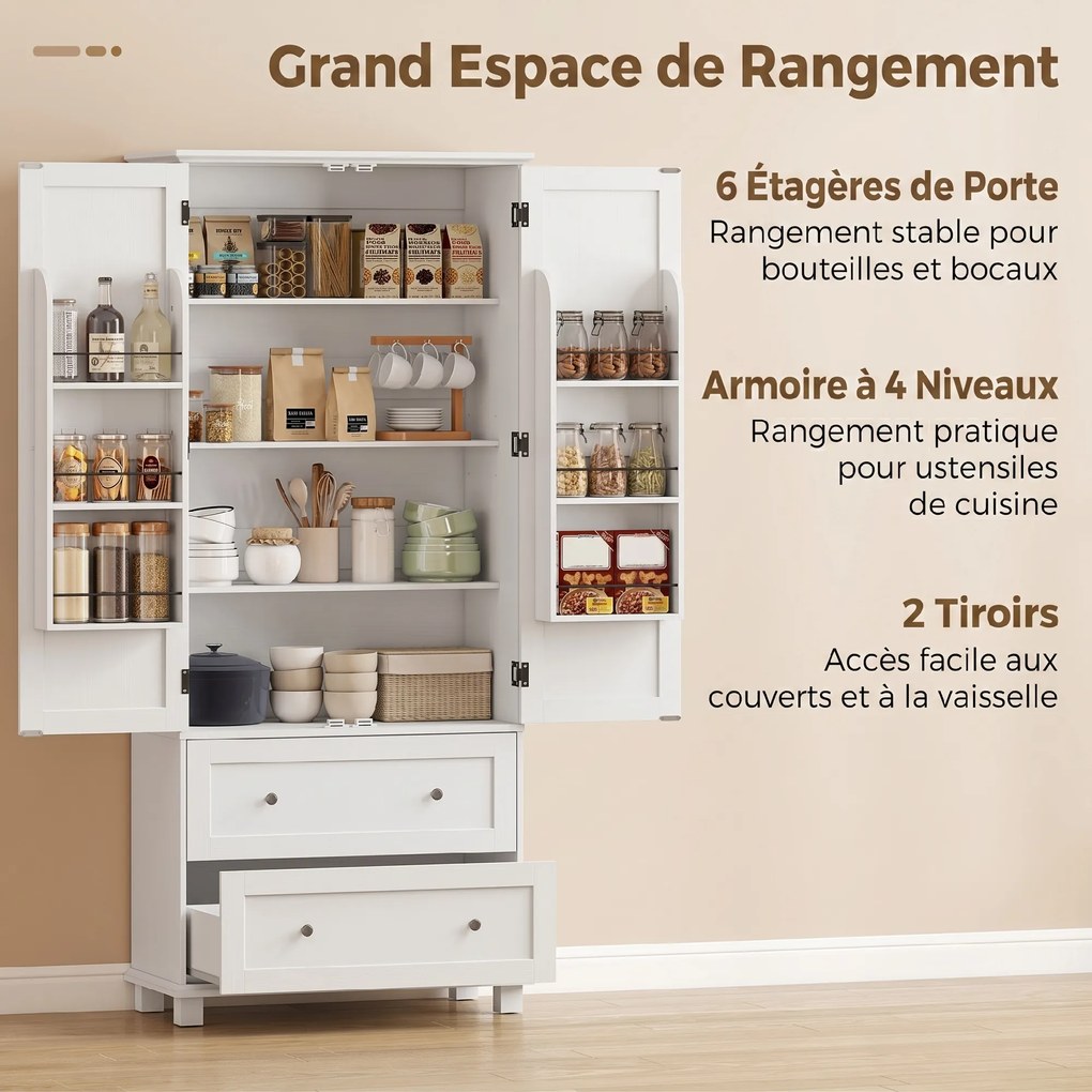 Armário alto de cozinha, armário de cozinha com 2 portas, 2 gavetas, 6 suportes para prateleiras, prateleiras ajustáveis, 80 x 39,5 x 184,5 cm, branco