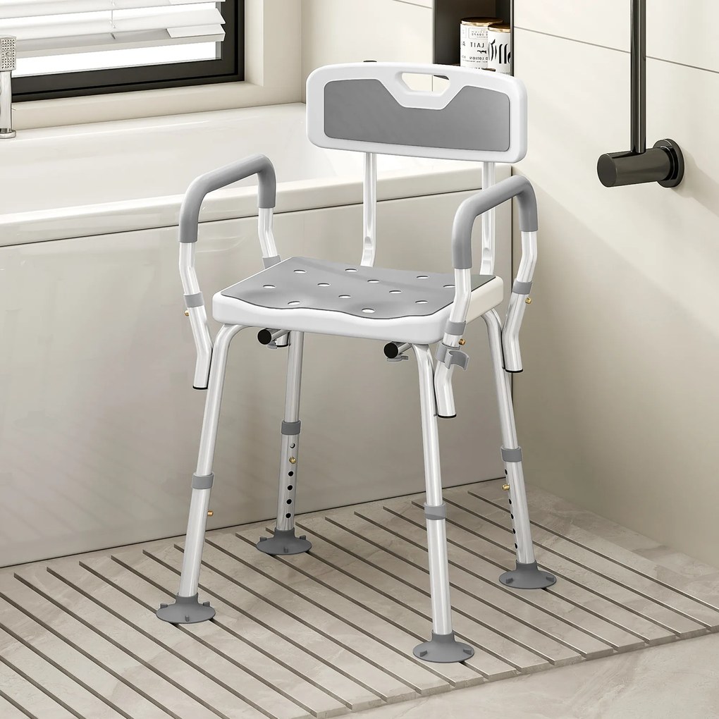 Banco de duche, cadeira de duche ergonómica, altura ajustável, pés antiderrapantes, 56,5 x 53,5 x 87 cm, branco e cinzento