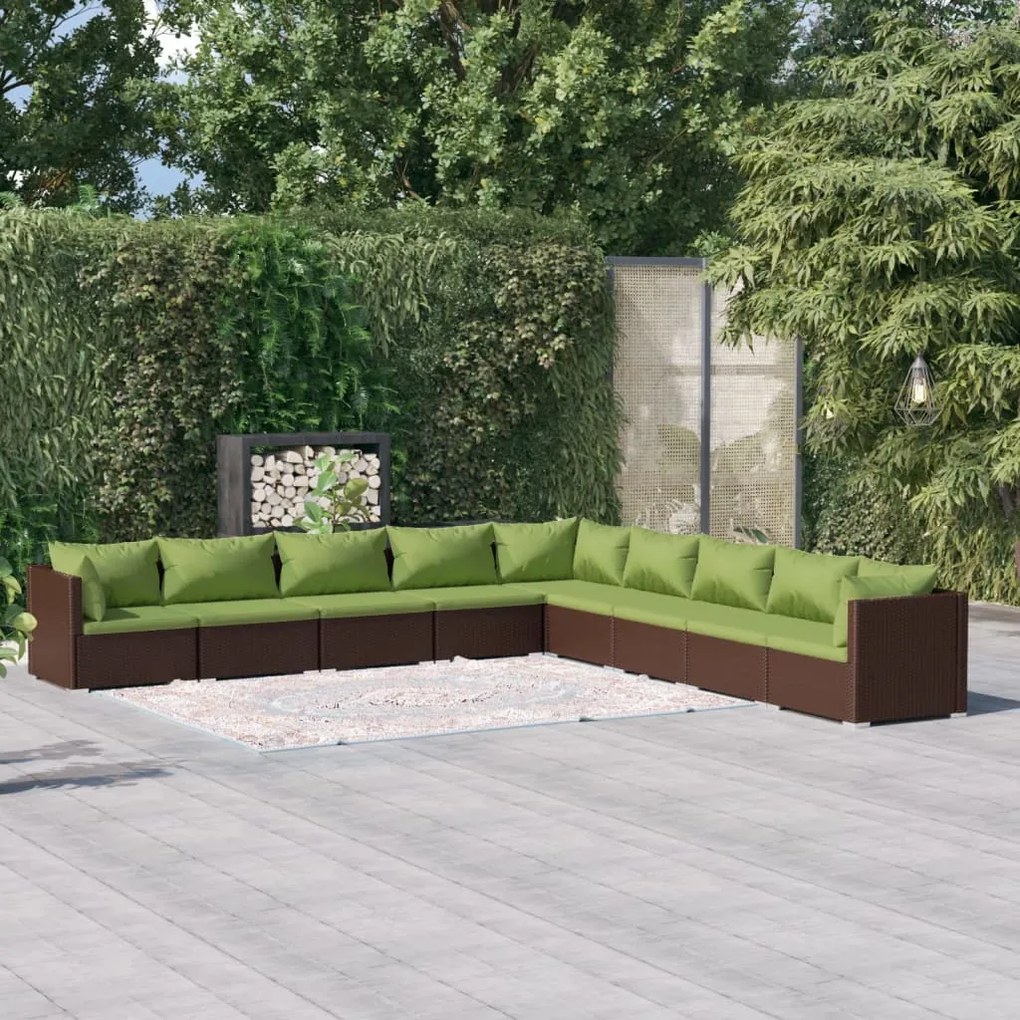 vidaXL 9 pcs conjunto lounge de jardim c/ almofadões vime PE castanho