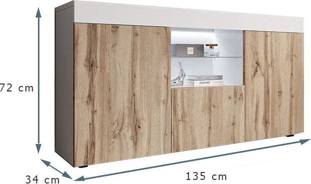 Aparador Elma de 135 cm com Luz LED - Branco e Pinho Atlântico - Desig