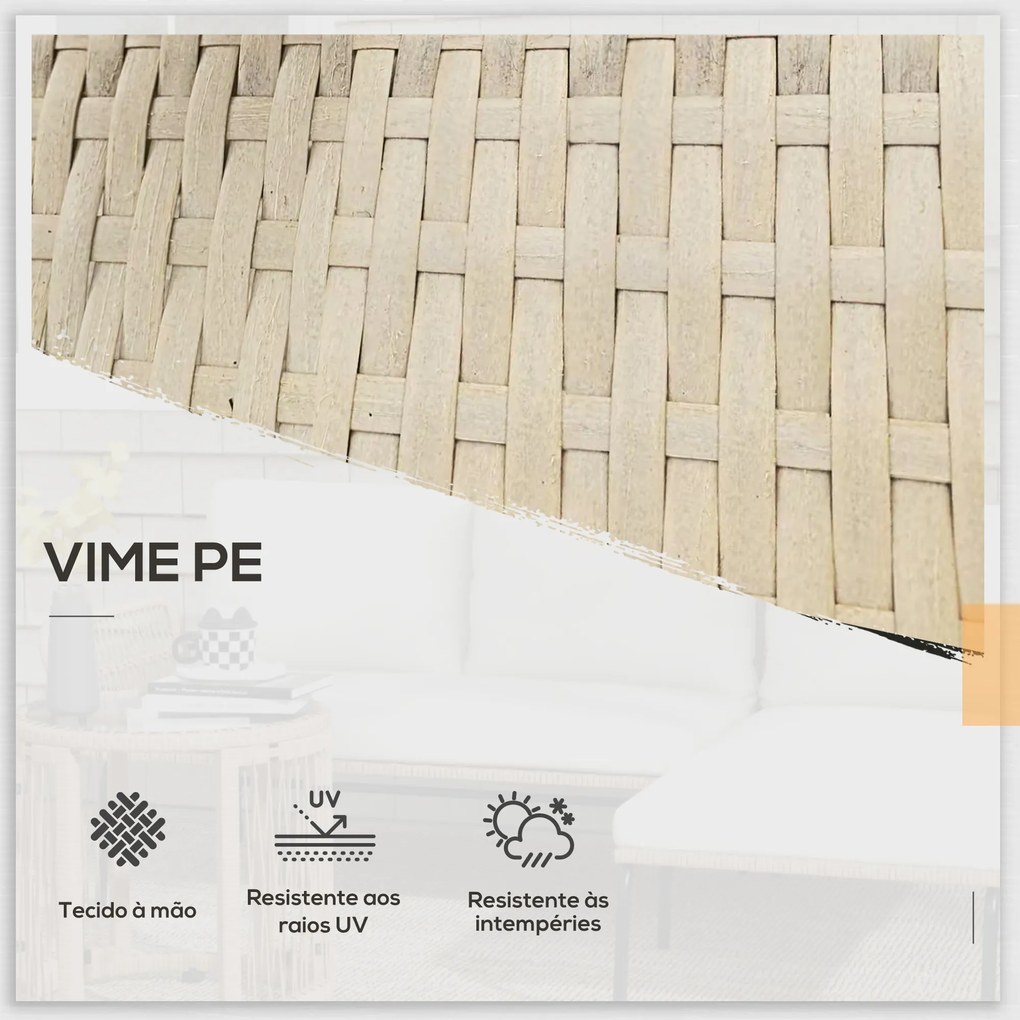 Conjunto de Móveis de Jardim em Vime com Sofá de 2 Lugares Chaise Longue Almofadas e Mesa Auxiliar Creme e Madeira