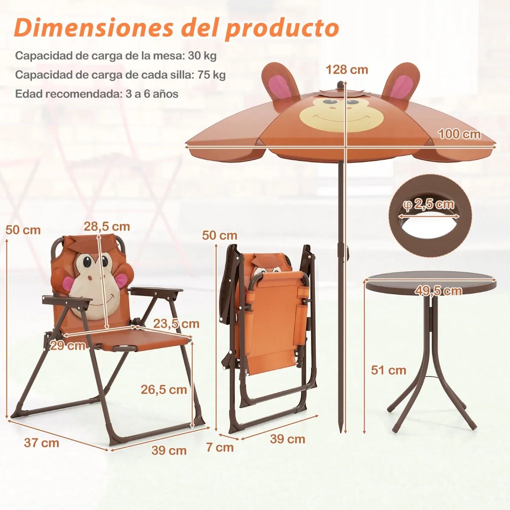 Conjunto de piquenique para crianças 3-6 anos Mesa de atividades ao ar livre com 2 cadeiras dobráveis e guarda-sol ajustável em altura Castanho