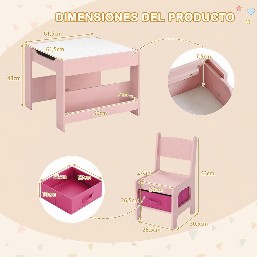 Conjunto de Mesa e 2 Cadeiras Infantis, 61,5 x 61,5 x 48 cm, Quadros de Giz e Branco Reversíveis, Rosa