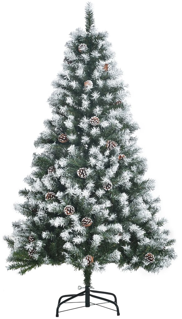 Árvore de Natal Artificial 150cm com 676 Ramas e 41 Pinhas Folhas de PVC com Efeito de Neve Base Dobrável e Suporte Metálico para Interiores Verde