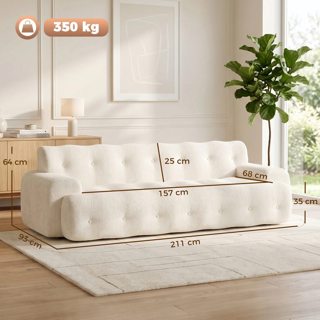 Sofá de 3 Lugares, 211 x 93 x 64 cm, Assento Profundo, Creme