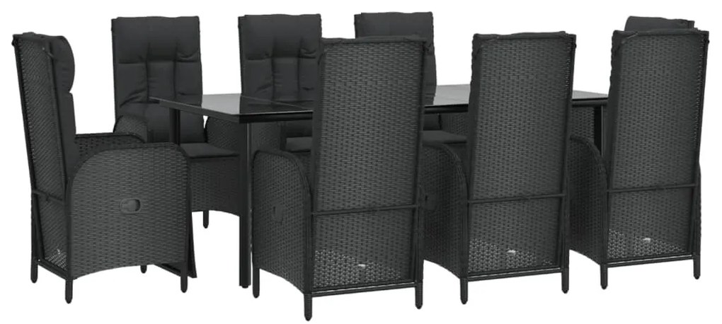 9 pcs conjunto de jantar p/ jardim c/ almofadões vime PE preto
