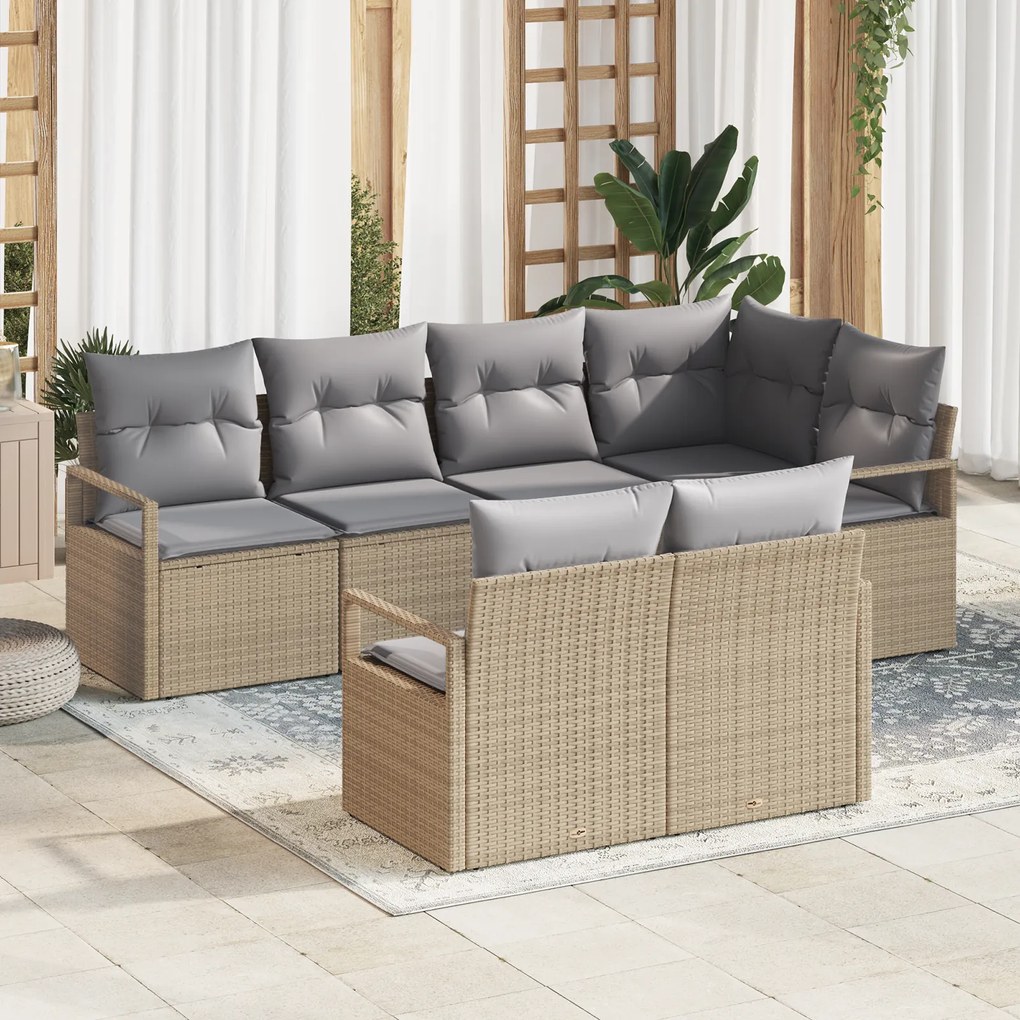 Conjunto de Sofá Jardim vidaXL de 7 Peças com Almofadas Bege Poliratan