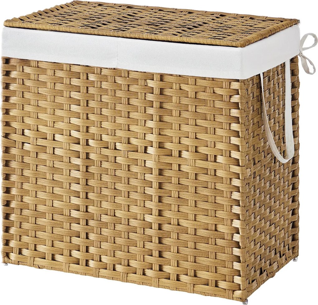 Cesto para roupa suja em rattan sintético 160L com 2 compartimentos 66 x 40 x 61 cm cor natural